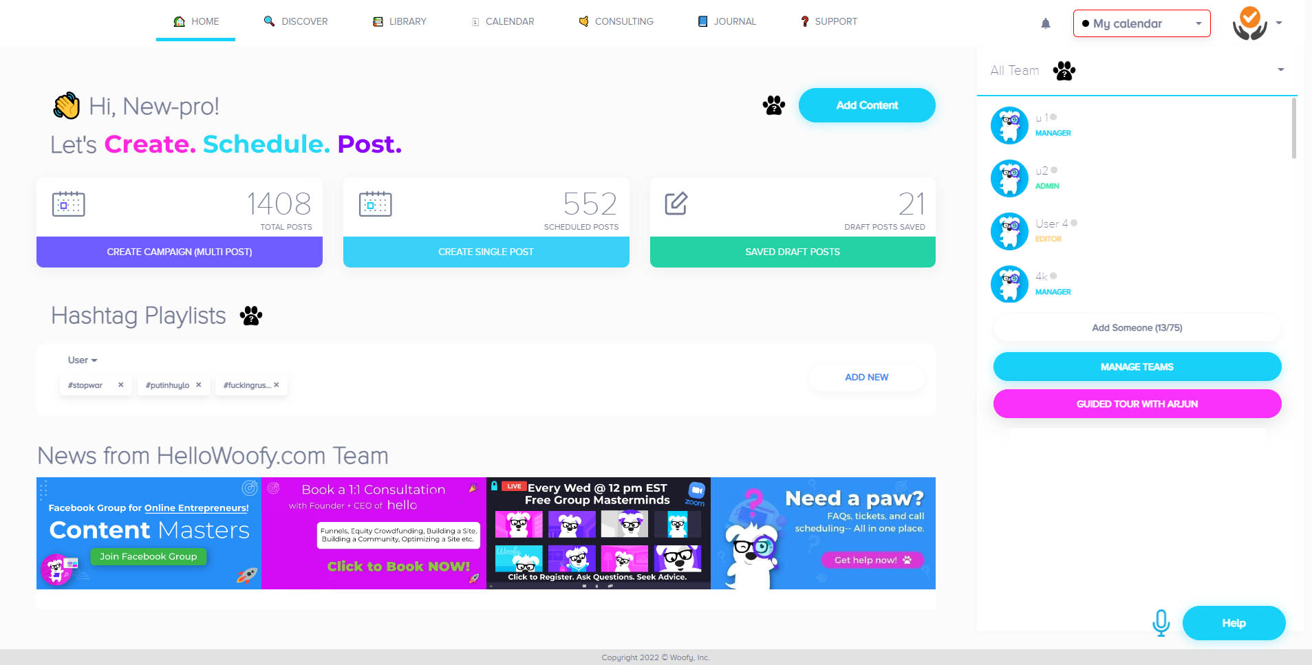 Hellowoofy SaaS dashboard — social media marketing platform, 0 to 25,000+ users