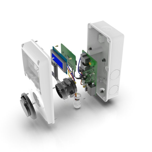 Exploded CAD view of a device: enclosure halves, front panel, display and boards