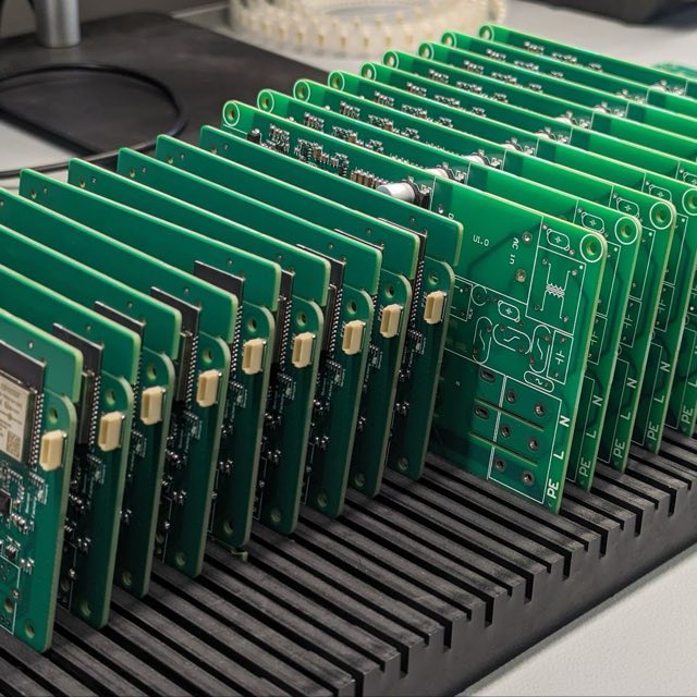 A fabrication batch of boards standing in an antistatic rack