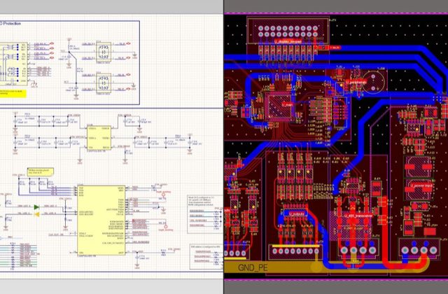 Schematic and PCB layout of the same board, side by side