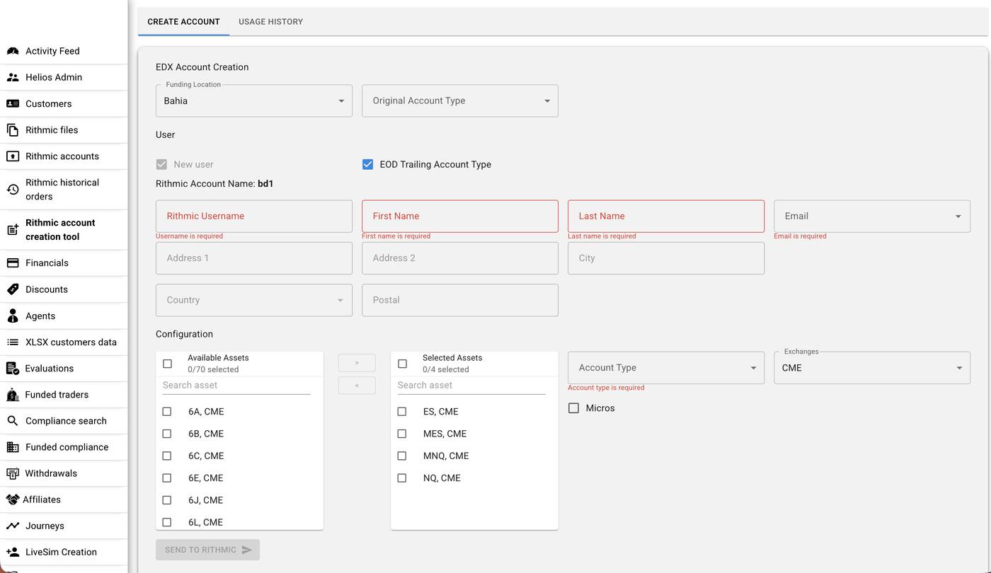 The Earn2Trade back office: a left menu covering customers, funded traders, compliance search, withdrawals, financials and affiliates, beside an account-creation form with asset and exchange selectors