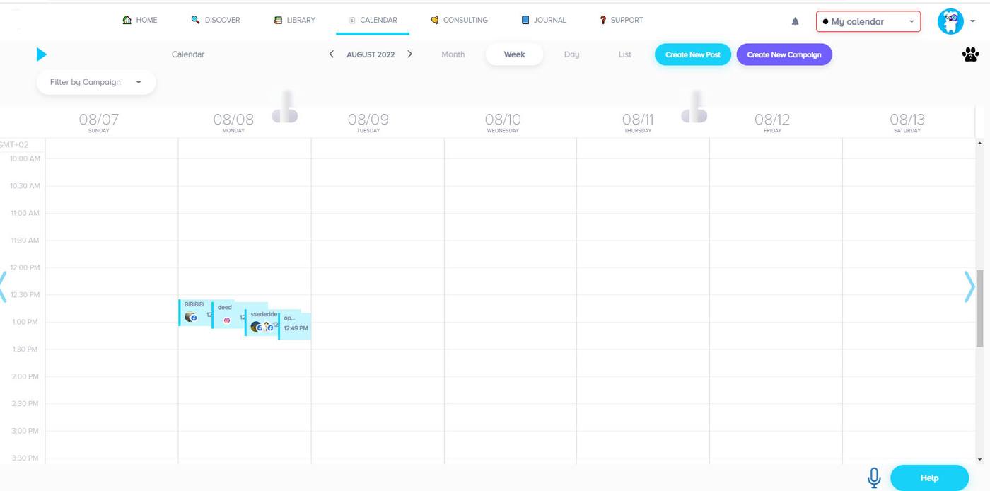 The scheduling calendar in a browser: a week view with scheduled posts stacked on one afternoon, a campaign filter, and controls for creating a single post or a whole campaign