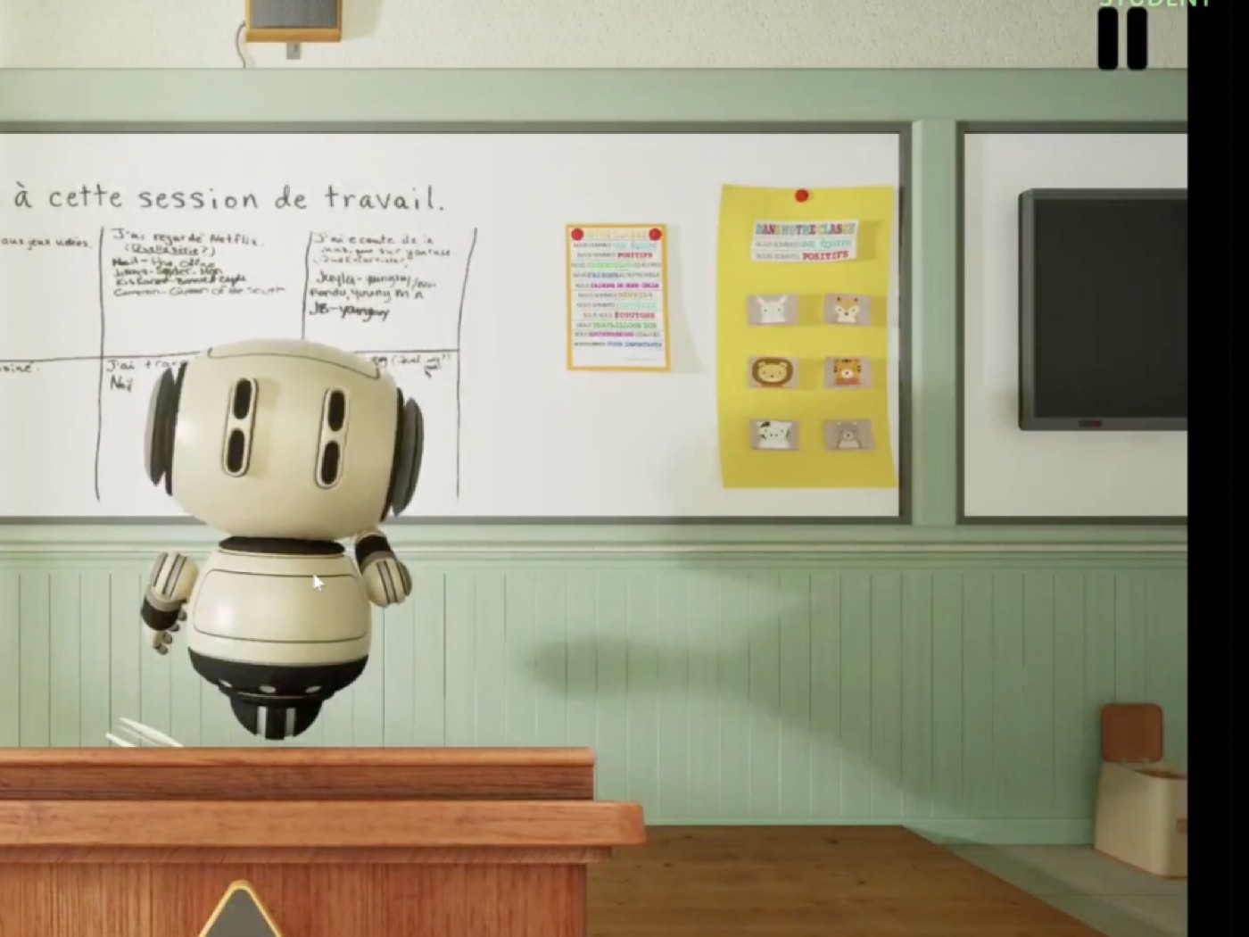An animated tutor mid-lesson in a browser, speaking to a child learning French