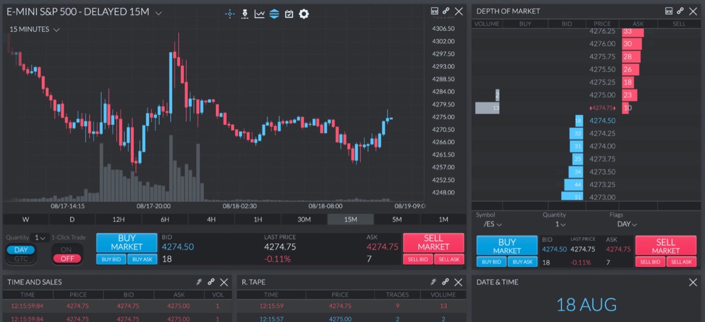 The Earn2Trade trading environment: a candlestick chart of an index future with volume, a depth-of-market ladder showing bids and asks, and time-and-sales panels beneath