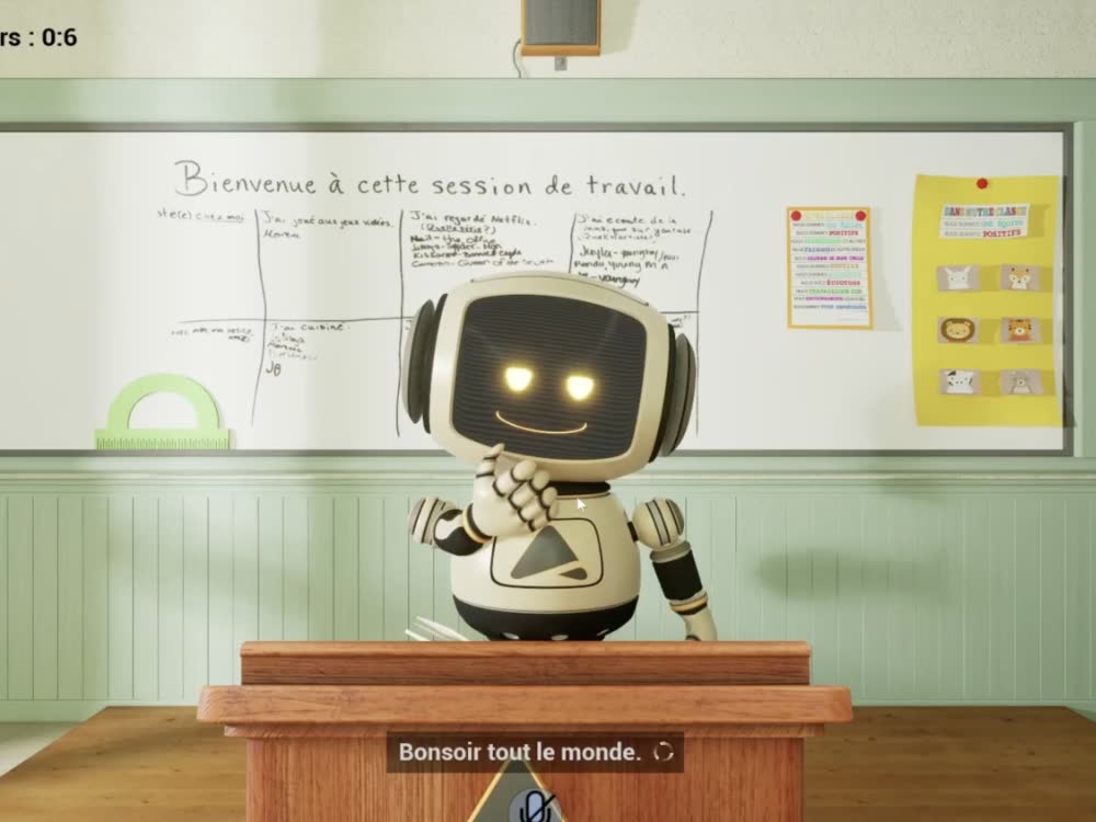 An animated 3-D robot tutor standing at a lectern in a rendered classroom, French sentences written on the whiteboard behind it and the spoken line shown as a caption underneath