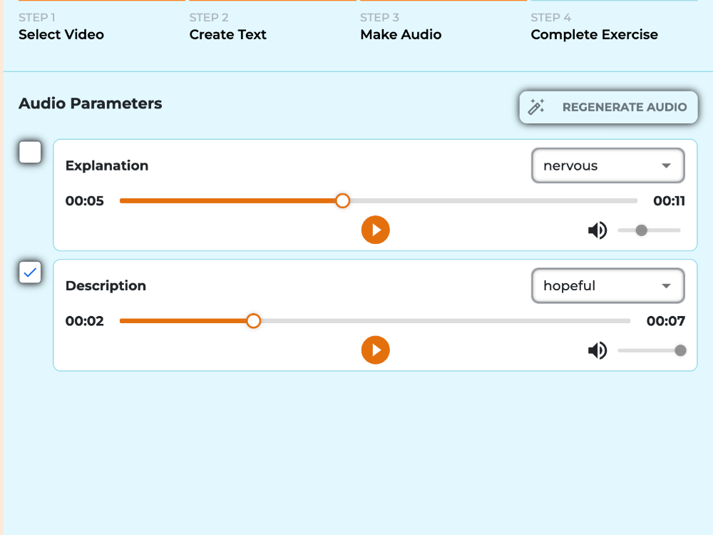 The lesson authoring tool at the audio step: two spoken lines, each with a delivery selected from a dropdown, a duration in seconds, a play control and a button to regenerate the audio