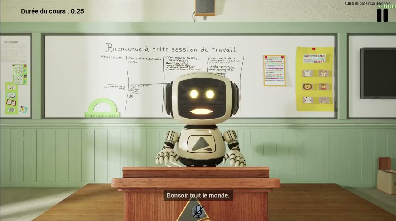 The lesson running in a browser: an animated character standing at a lectern in a classroom, a lesson timer, a live subtitle in French and the build identifier in the corner