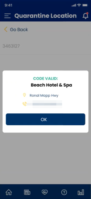 Address verification screen confirming a valid code against the accommodation booked for a monitored stay