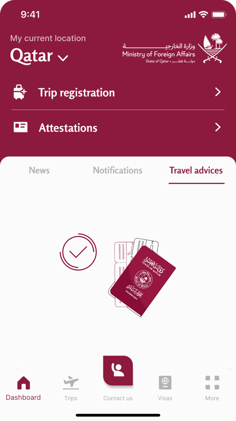 Qatar Ministry of Foreign Affairs consular services app — a citizen-facing screen from the Flutter application live in both public app stores