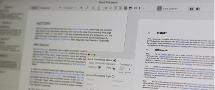The Updoc desktop app on screen: a document in the editor beside its live PDF preview, with the outline-numbering settings panel open